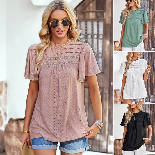 Summer Casual Solid Color Hollow Short Sleeve Round Neck Top from Eternal Gleams