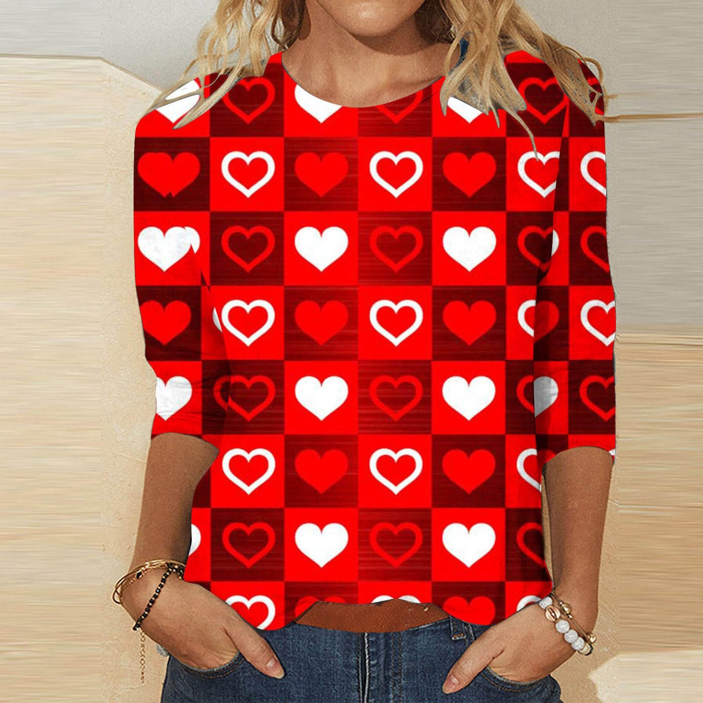 T-shirt à col ras du cou pour femme, avec impression de cœurs, pour la saint-valentin