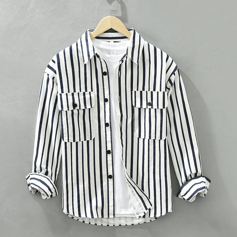 Youth Loose Fit Striped Cotton Cardigan Shirt - Japanese Retro Style, Available in White and Brown | Eternal Gleams