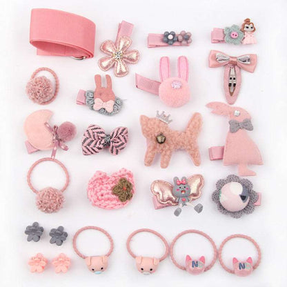 Handmade Children's Hairpin Set featuring 24 pink crown cat-themed pieces neatly arranged in a pink box from Eternal Gleams.