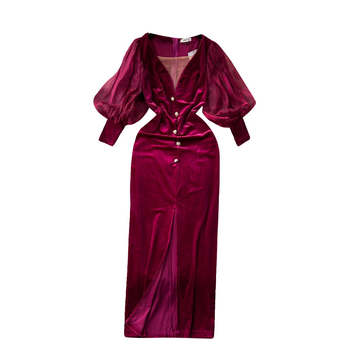 Opulent Elegance: Vintage Velvet Lantern Sleeve Dress in Rose Red from Eternal Gleams