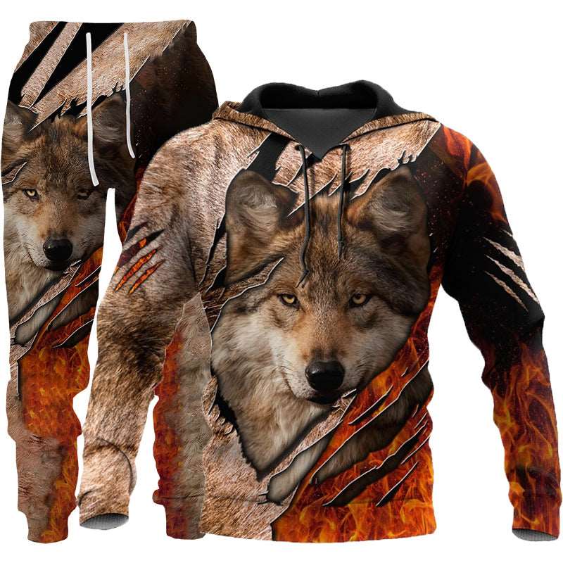 3D Wolf Print Tracksuit Men Sportswear Hooded Sweatsuit Two Piece