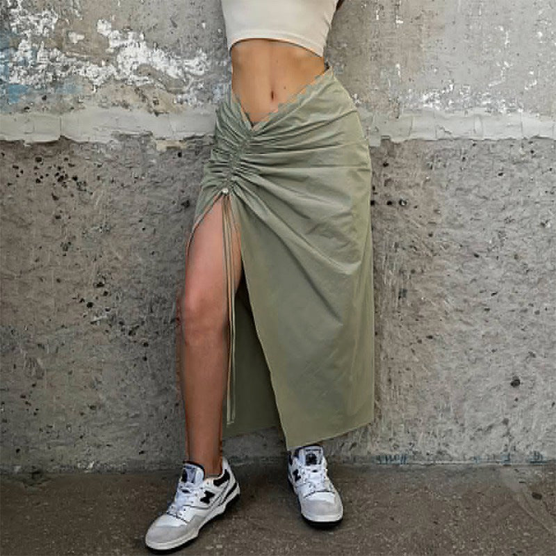 Versatile Slim Drawstring Gathered Slit Skirt - Stylish and elegant skirt with adjustable drawstring.