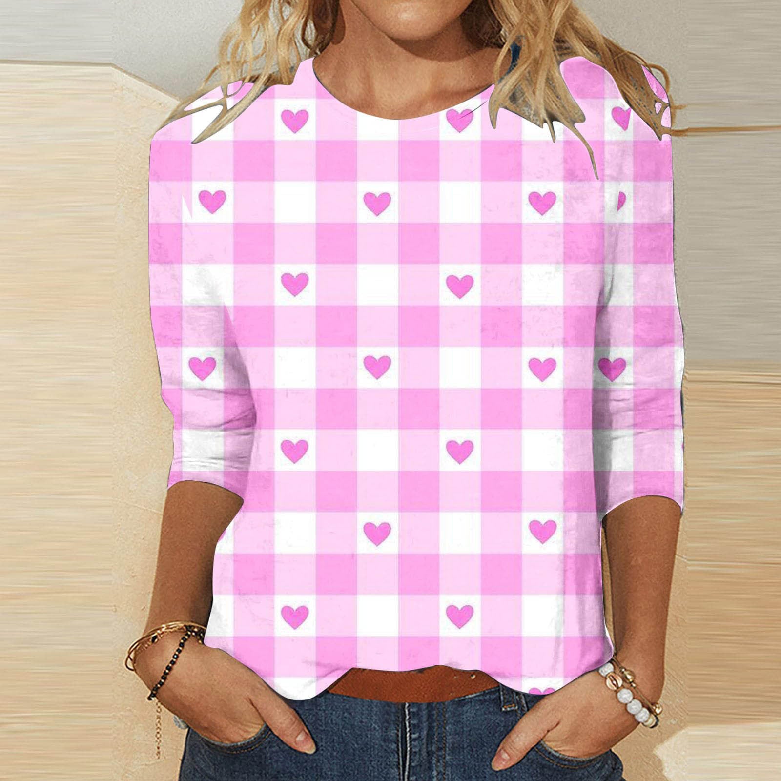 Valentine's Day Female With Hearts Printing Crew Neck T-shirt Top from Eternal Gleams