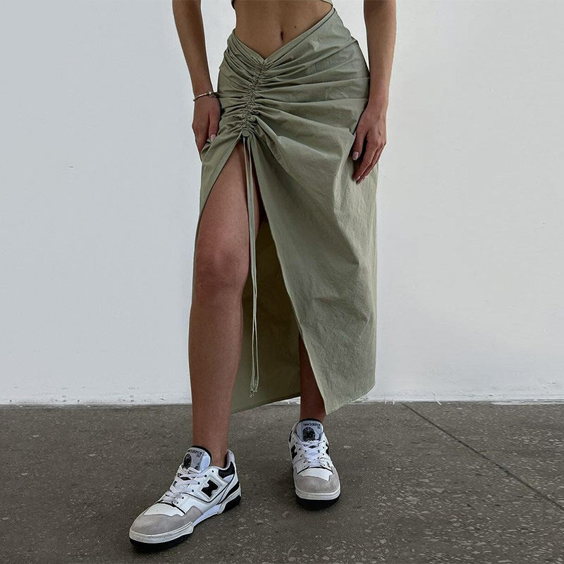 Versatile Slim Drawstring Gathered Slit Skirt - Stylish and elegant skirt with adjustable drawstring.