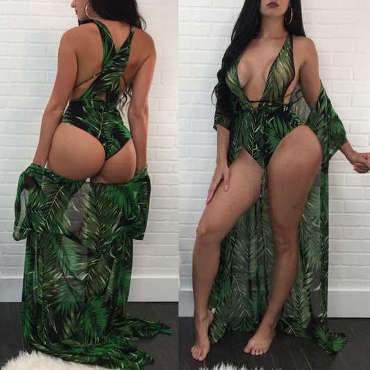 Goddess Green: Women's Bandage Swimwear with Leaf Print from Eternal Gleams