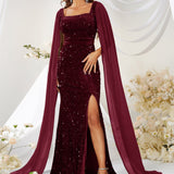 Elegant Wine Red Sequin Mesh Split Fishtail Dress from Eternal Gleams