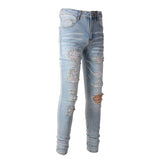 Light Colored Hot Diamond Patch With Holes In Elastic Tight Jeans For Men from Eternal Gleams