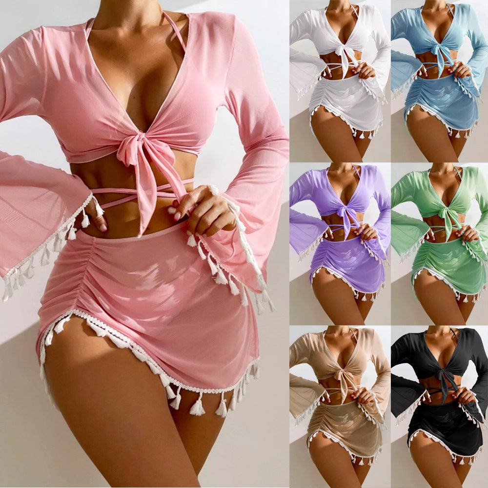 4pcs Solid Color Bikini Set with Short Skirt and Long Sleeve Cover-Up in various colors from Eternal Gleams