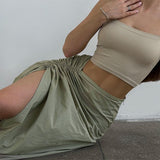 Versatile Slim Drawstring Gathered Slit Skirt - Stylish and elegant skirt with adjustable drawstring.