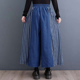 Autumn Clothing Casual Patchwork Striped Denim Fashionable Wide Leg Pants