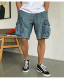 Men's retro casual PU high-end denim workwear shorts in blue from Eternal Gleams