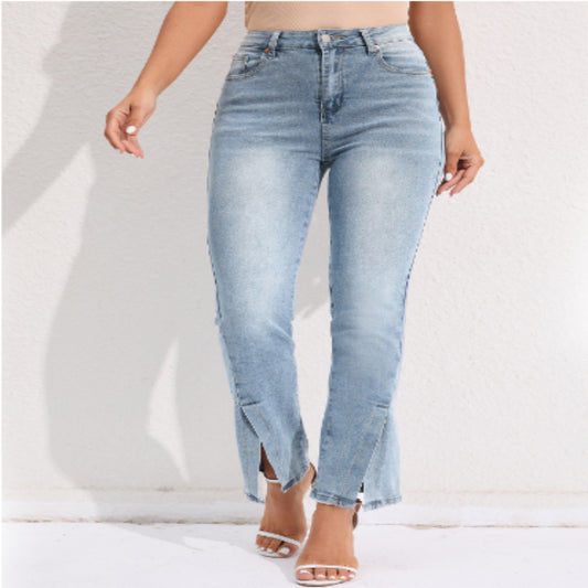 Commuter Split Straight Pants Fashionable Stretch Washed Jeans from Eternal Gleams