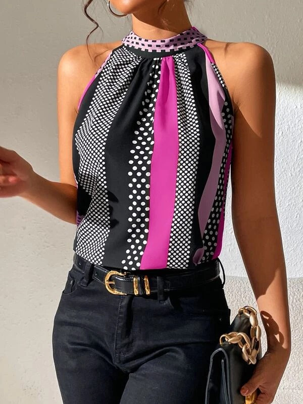 Urban chic polka dot camisole with vibrant geometric prints