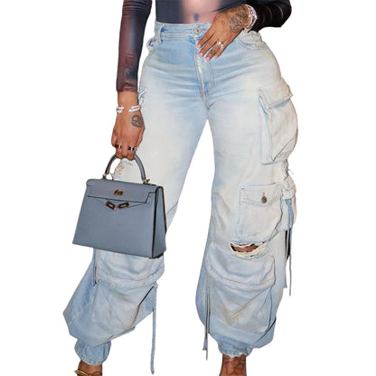 Pantalon multi-poches stéréo en denim décontracté rétro