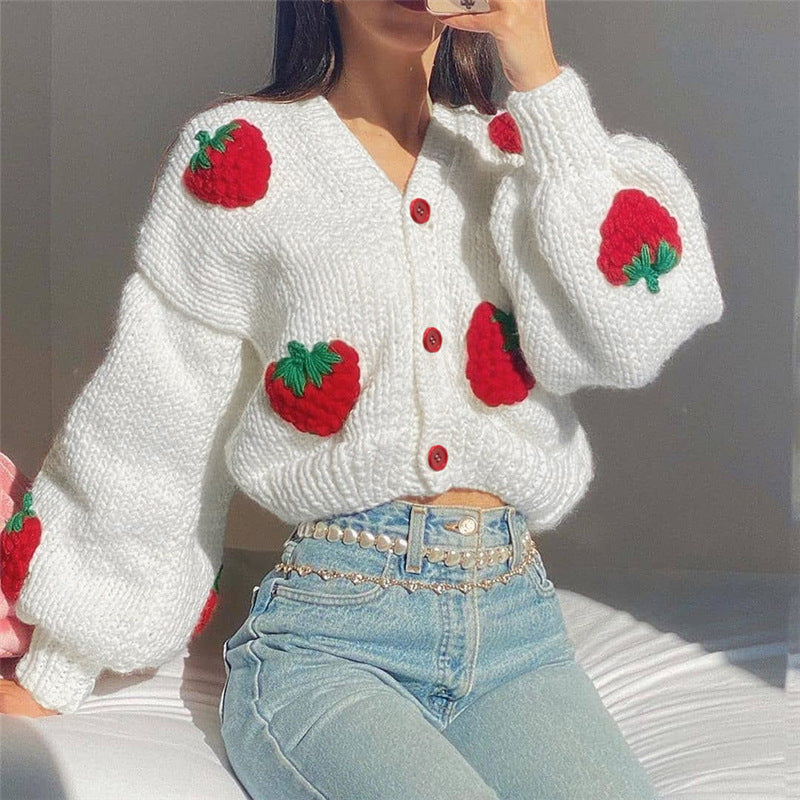 Sweet Strawberry V-neck Cardigan: Cozy Elegance from Eternal Gleams