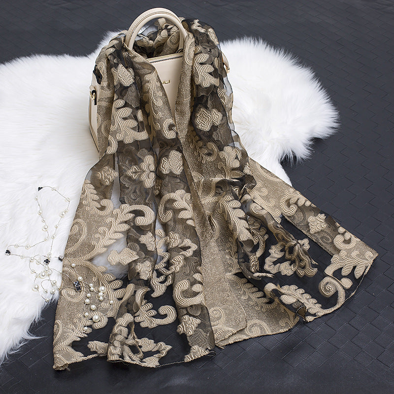 Floral Elegance: Hollow Silk Scarf from Eternal Gleams