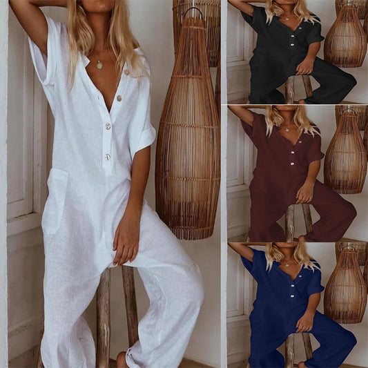 Summer Chic: Women's Cotton Linen Slim Pants Jumpsuit from Eternal Gleams