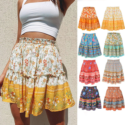 Cowinner Women's Bohemian Flower Print High Waist Ruffle Skirt Flared Boho A-Line Pleated Mini Skirt S-XL from Eternal Gleams