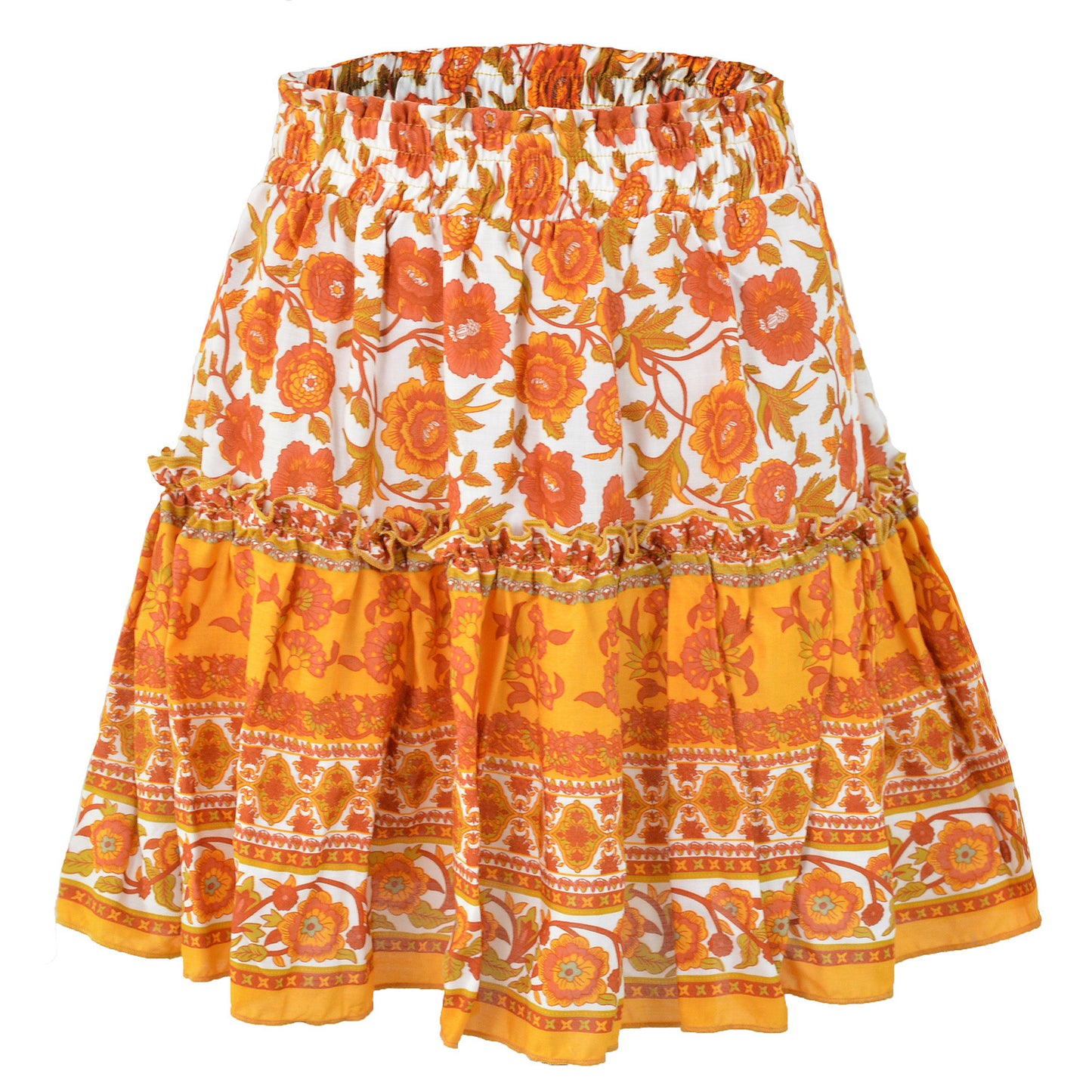 Cowinner Women's Bohemian Flower Print High Waist Ruffle Skirt Flared Boho A-Line Pleated Mini Skirt S-XL
