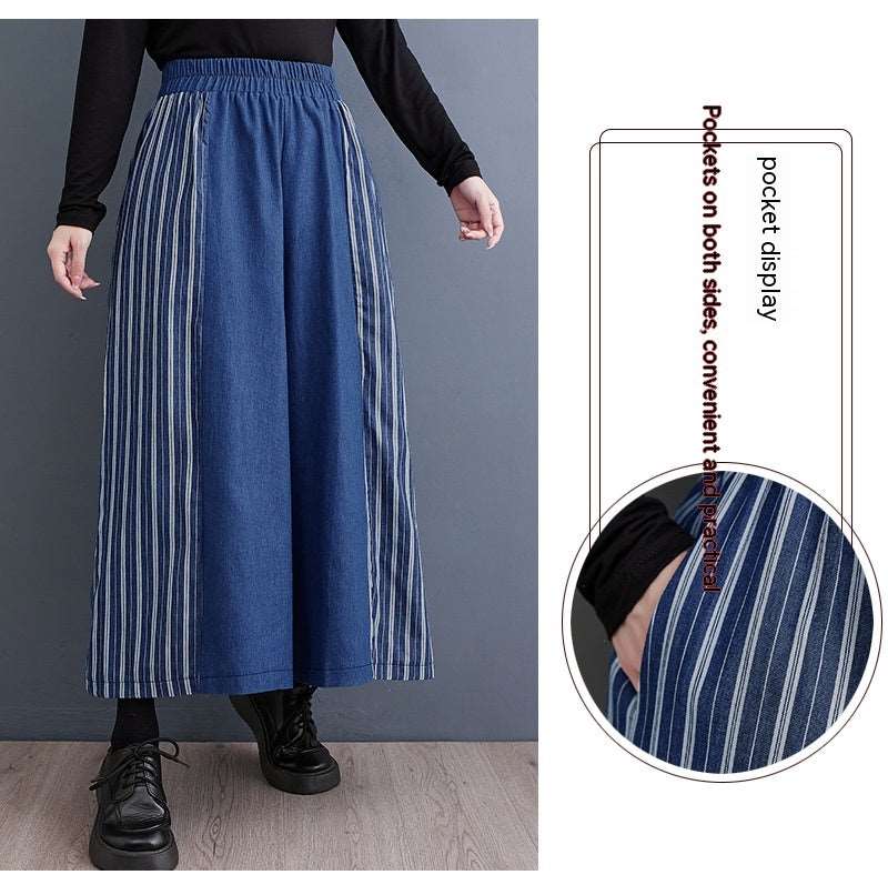 Autumn Clothing Casual Patchwork Striped Denim Fashionable Wide Leg Pants