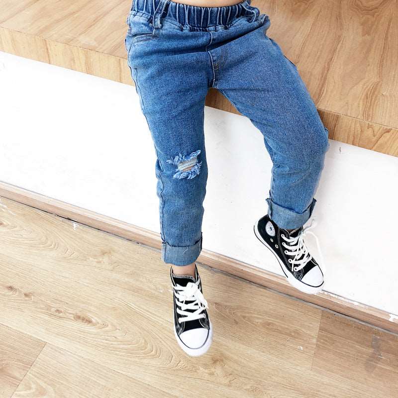 Boys Ripped Jeans Raw Edge Stretch Denim Trousers