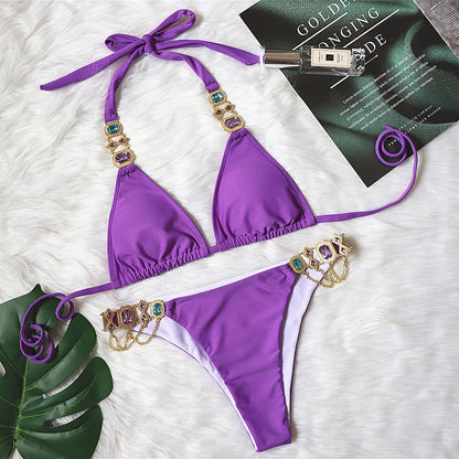 New Sexy Purple Halter Crystal Diamond Bikini Female Swimsuit Women Swimwear Rhinestone Bikini