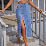 Button Irregular Slit denim High Waist Skirt