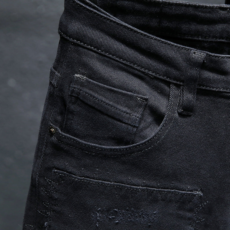 Spring And Summer New Jeans Pure Black Ripped Stretch Jeans Men Black Jeans Men from Eternal Gleams