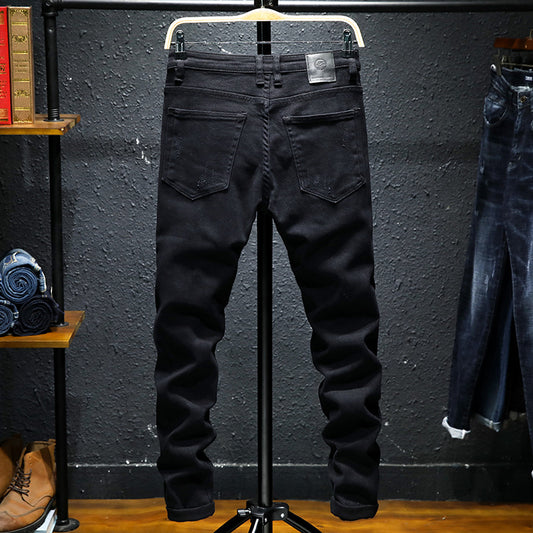 Jeans extensibles déchirés noirs purs pour hommes, nouveaux jeans de printemps et d'été