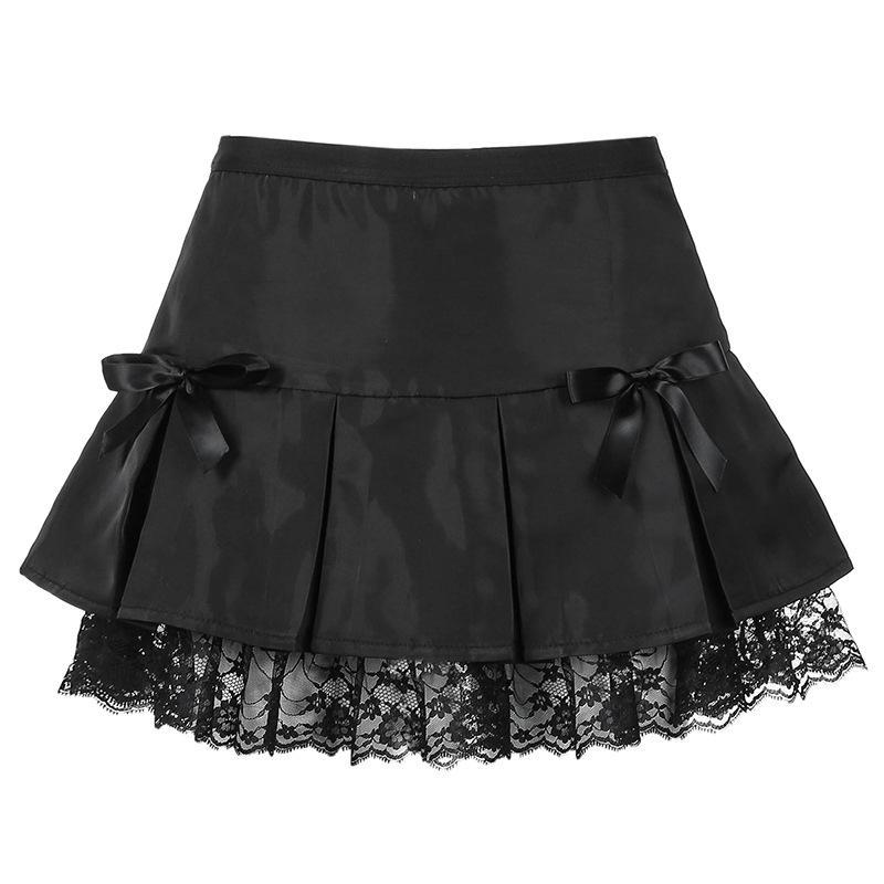 Shadow Dance: Black Goth Aesthetic Lace Trim Pleated Skirt from Eternal Gleams