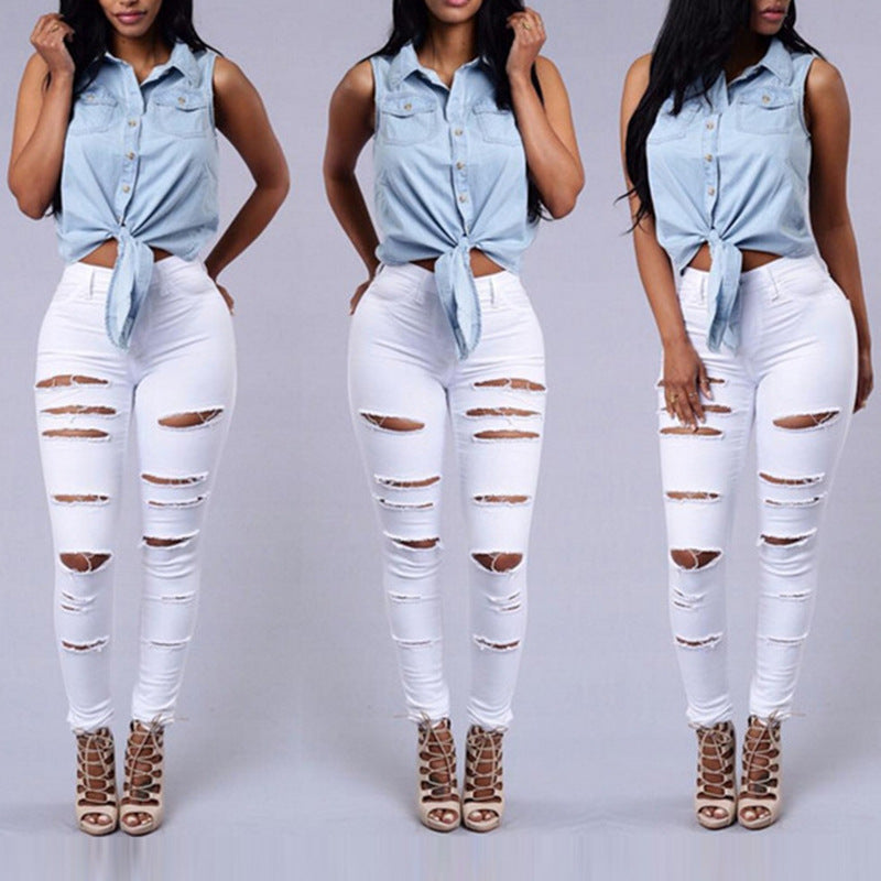 High Quality Women Casual Hole Jeans High Waist Skinny Pant Pencil Jeans Ripped Sexy Female Girls Trousers Denim Jeans from Eternal Gleams