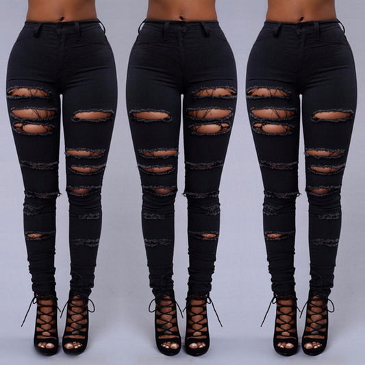 High Quality Women Casual Hole Jeans High Waist Skinny Pant Pencil Jeans Ripped Sexy Female Girls Trousers Denim Jeans from Eternal Gleams