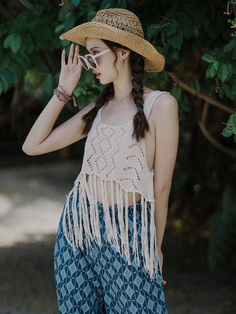 Bohemian Fringe Halter Top Hollowed-out Knit Vest