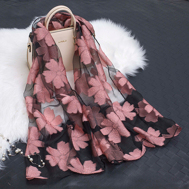 Floral Elegance: Hollow Silk Scarf from Eternal Gleams