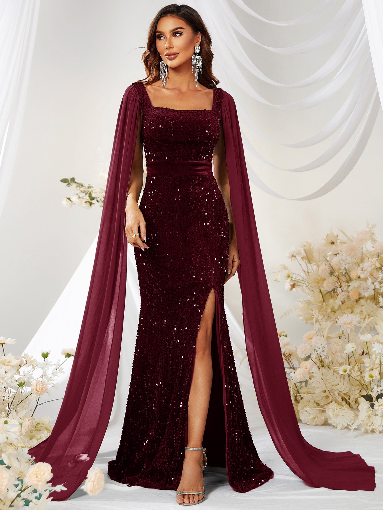 Elegant Wine Red Sequin Mesh Split Fishtail Dress from Eternal Gleams