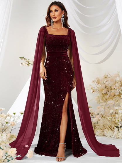 Elegant Wine Red Sequin Mesh Split Fishtail Dress