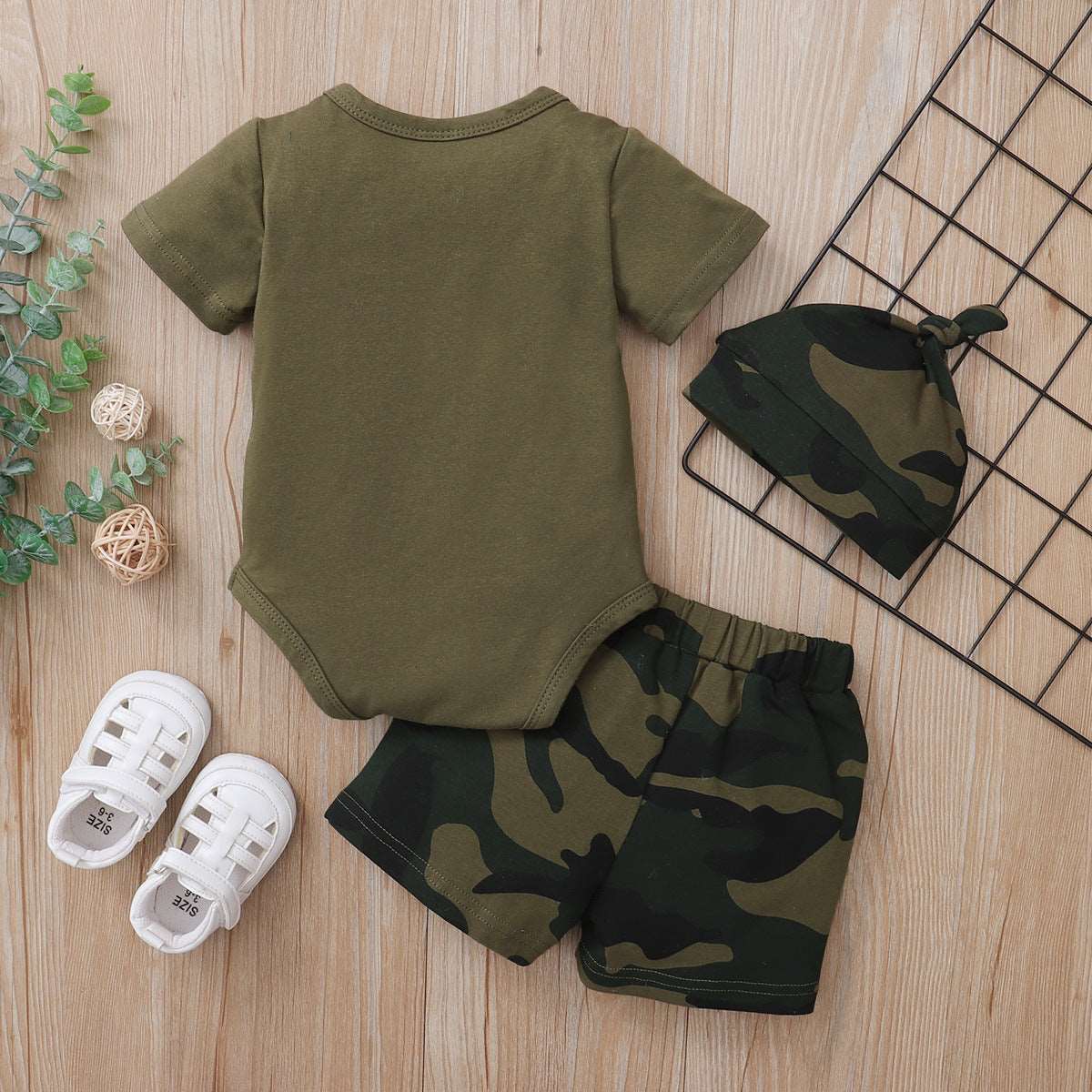 Army Green Camo Shorts and Hat Set: Cool Summer Attire for Boys (0-18M)