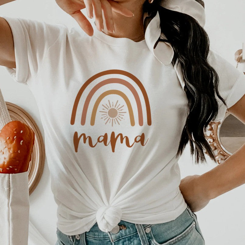 TINLEY Boho Burnt Orange Rainbow Sun Mom T-shirt from Eternal Gleams