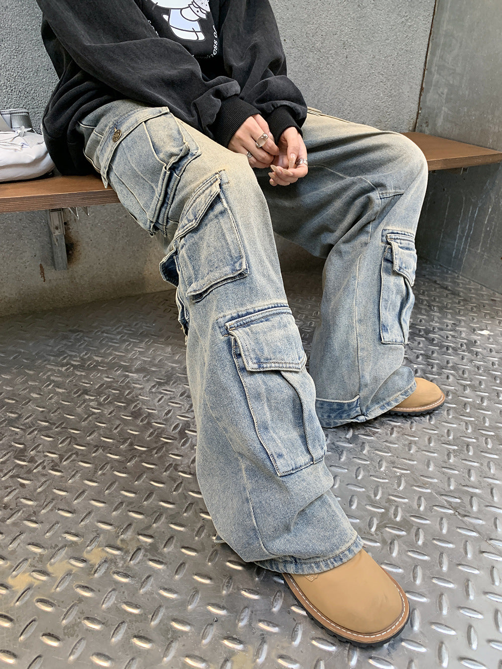 Street Work Design Jeans Pocket Stitching Wide-leg Pants Women