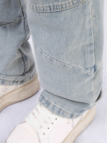 Blue American Retro Line Segmentation Design Straight Leg Pants