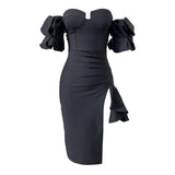 Chic Sophistication: Women's Solid Color Lantern Sleeve Bandage Dress from Eternal Gleams