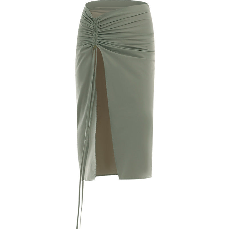 Versatile Slim Drawstring Gathered Slit Skirt - Stylish and elegant skirt with adjustable drawstring.