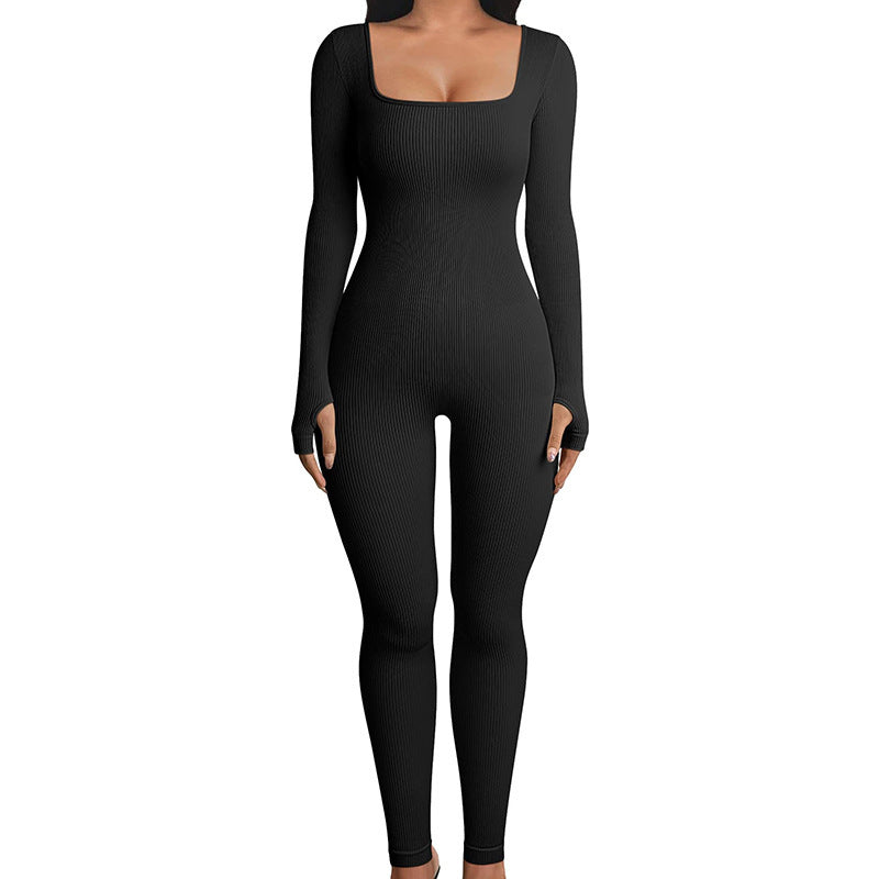 Seamless long sleeve shapewear hip lift yoga jumpsuit in black, white, and coffee | Eternal Gleams