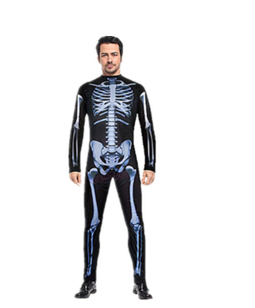 Colorful Skeleton Costume - Vibrant and unique skeleton print jumpsuit for Halloween.