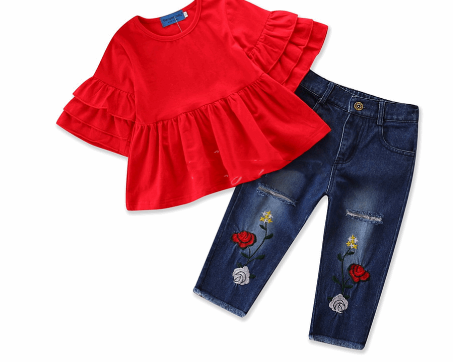 Chic Girls' Trumpet Sleeve Top & Embroidered Jeans Set