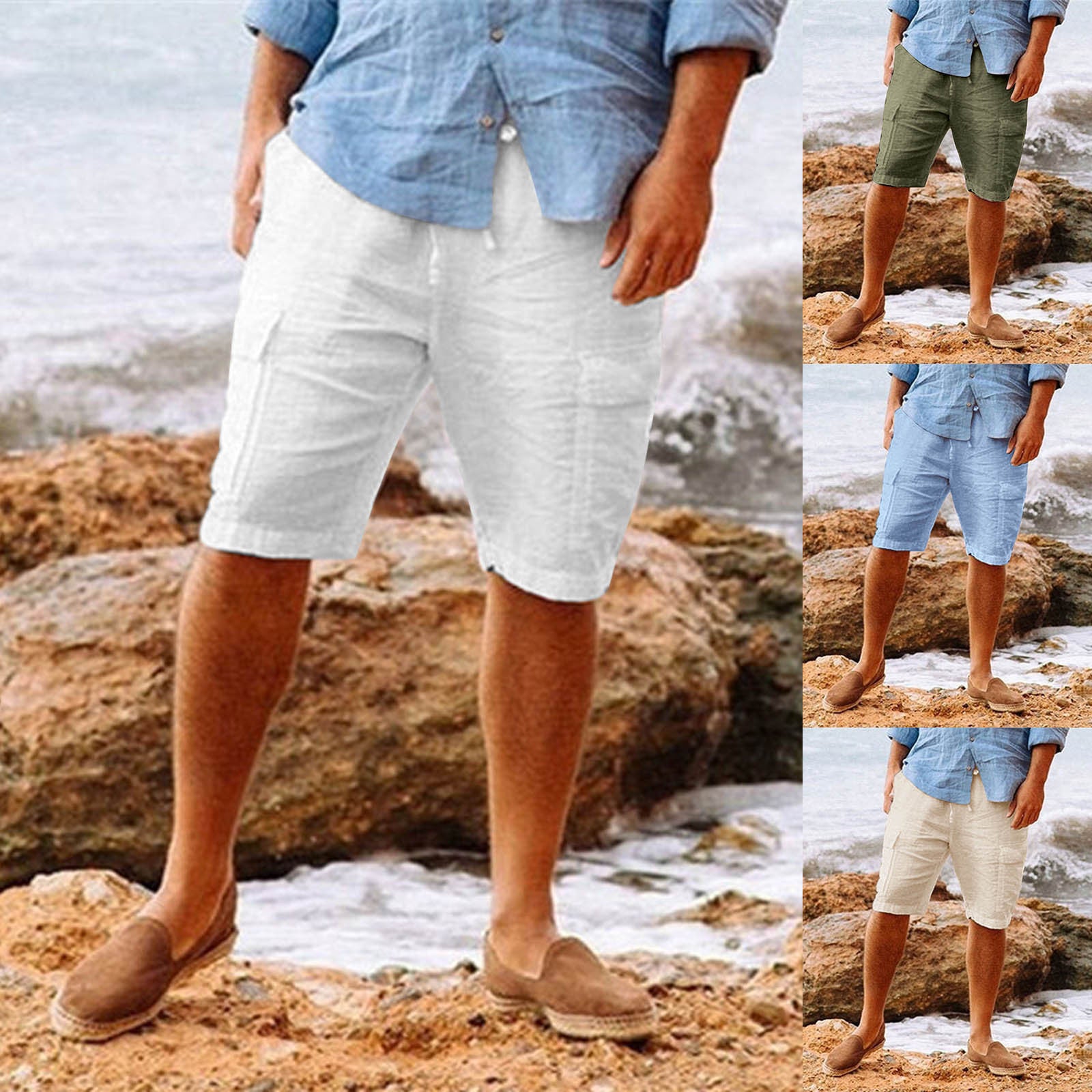 Men's casual vacation beach Hawaiian cotton linen multi-pocket workwear shorts from Eternal Gleams