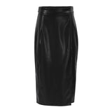 Slit Leather Sexy Mid-Length Skirt - High waist skirt with side slit, elegant and stylish.