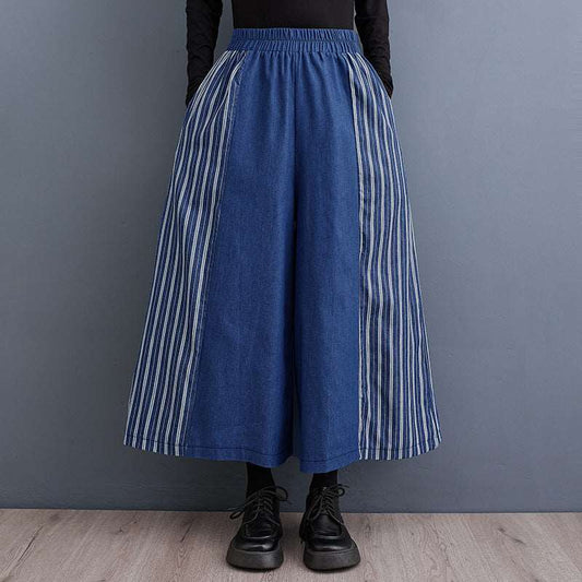 Autumn Clothing Casual Patchwork Striped Denim Fashionable Wide Leg Pants