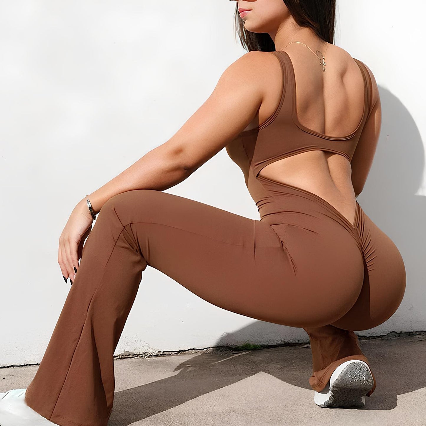 Sexy backless slim fit hip raise yoga jumpsuit in Brown  color from Eternal Gleams